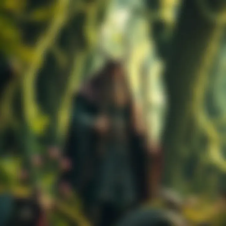 A Celtic druid stands among lush green trees, surrounded by symbols of nature like animals and plants, embodying the spirit of Celtic paganism.