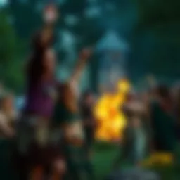 A group of people celebrating a Celtic festival with traditional clothing, flowers, and bonfires during Beltane.