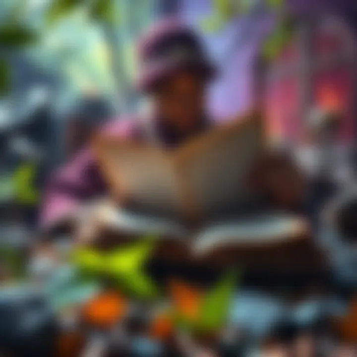 A person reading an ancient book with Celtic symbols, surrounded by natural elements like leaves and stones.