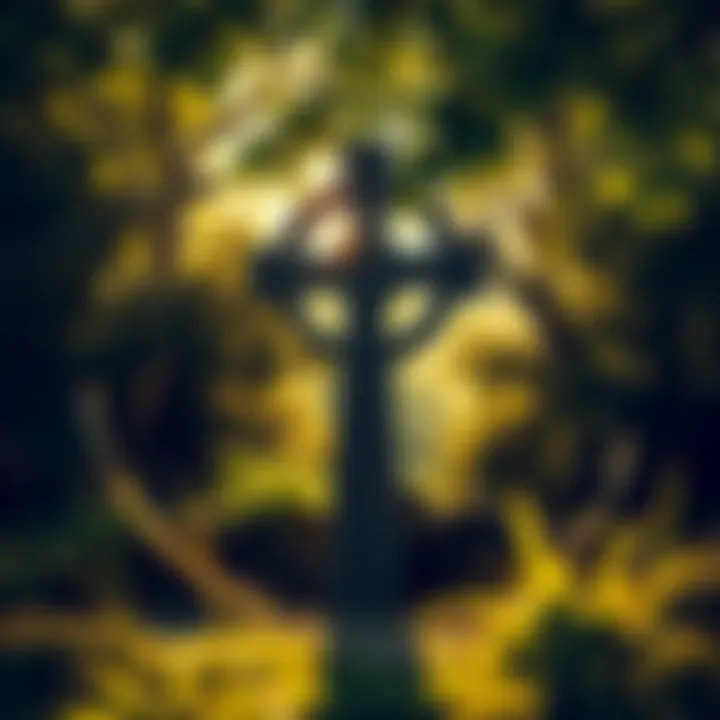 A Celtic Cross standing in a natural setting, surrounded by greenery and sunlight, representing its significance in both Christian and Pagan cultures.