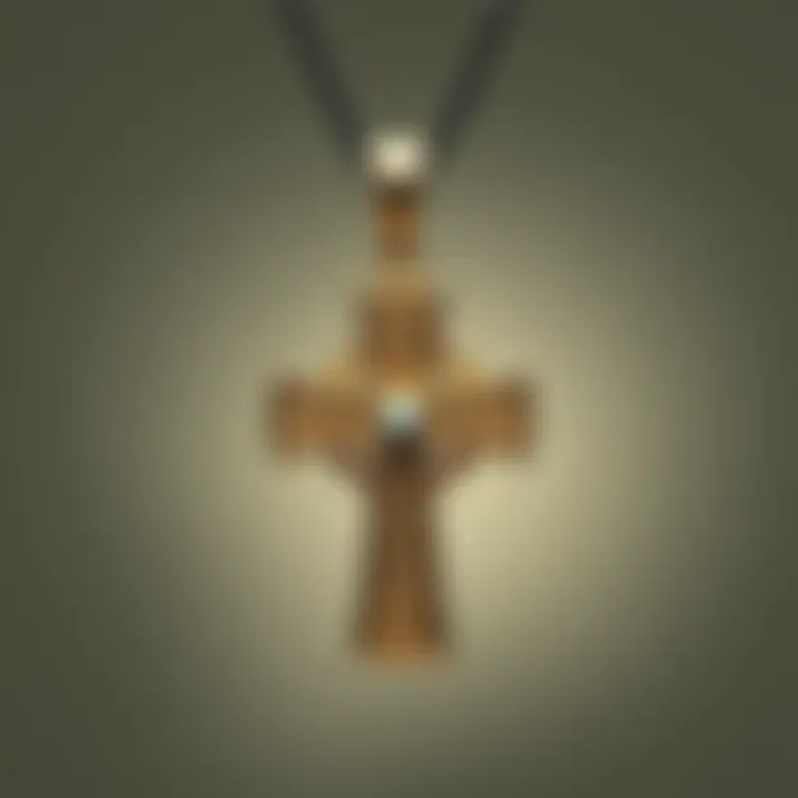 A close-up view of a Celtic cross pendant hanging from a necklace against a neutral background.