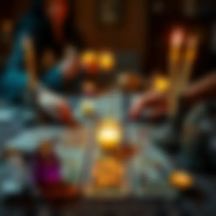 Celtic Cross Tarot Reading A tarot reader performing a Celtic Cross reading with cards laid out on a table, surrounded by crystals and candles.