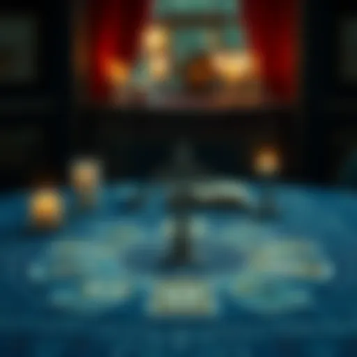 A candle-lit table with a Celtic Cross tarot spread, showcasing cards arranged in a cross pattern, emphasizing direct readings.