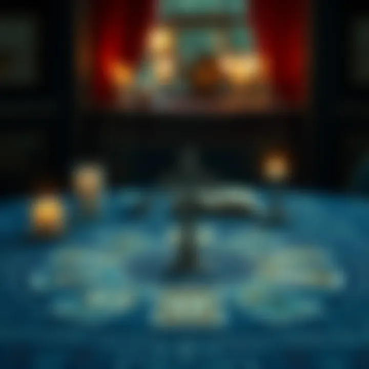 Celtic Cross Tarot Reading A candle-lit table with a Celtic Cross tarot spread, showcasing cards arranged in a cross pattern, emphasizing direct readings.
