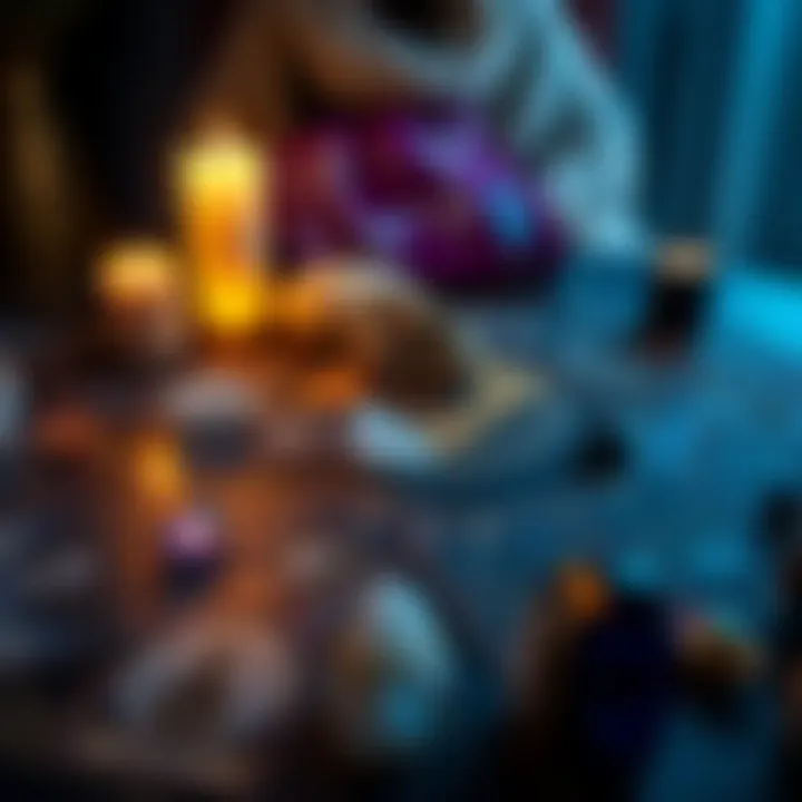 A detailed display of a Celtic Cross tarot card spread with ten cards laid out on a table, surrounded by crystals and candles for added ambiance