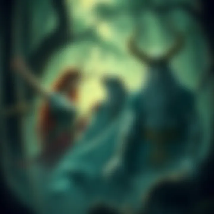 Artistic representation of the Celtic gods Brigid, Arawn, and Nodens in a mystical forest setting