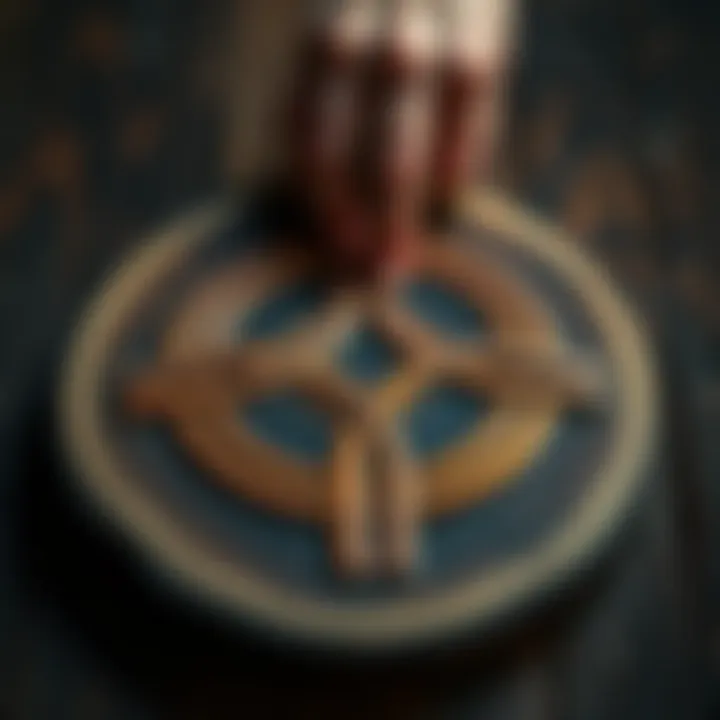 A Celtic knot design displayed on a rustic wooden table, with a hand gently touching it to show interest in its authenticity.