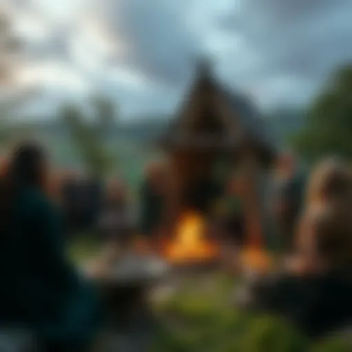 A group of people participating in a Celtic Pagan ritual outdoors, surrounded by nature, with altars and ceremonial items.
