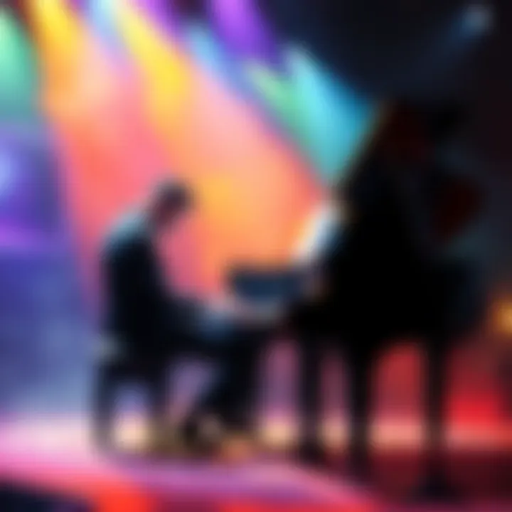 A pianist plays a lively Celtic-inspired piece on a grand piano, surrounded by a vibrant atmosphere that reflects dance energy.