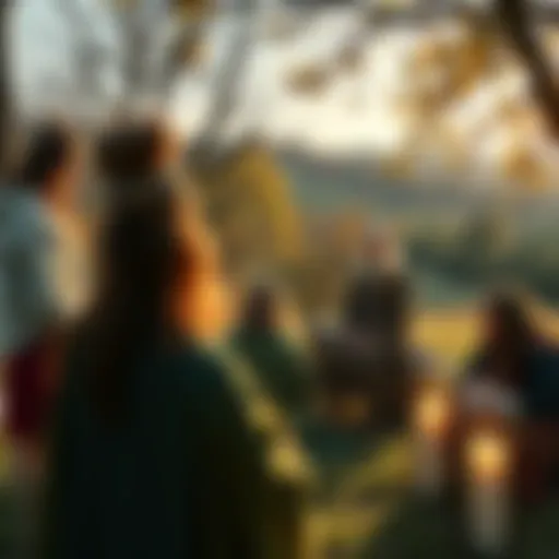 A group of people discussing Celtic spirituality in a serene outdoor setting, surrounded by nature and symbols related to Brigantia.