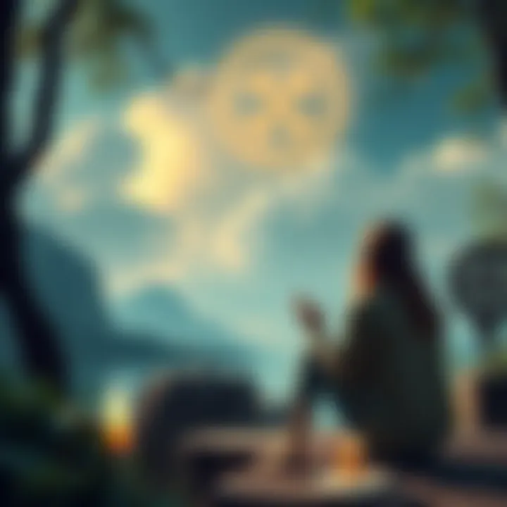 A serene setting with a person contemplating while surrounded by Celtic symbols and nature.