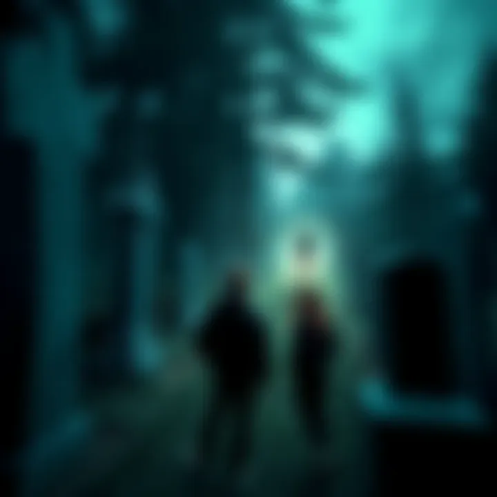 Two friends stand in a dimly lit cemetery, looking towards a shadowy figure in the distance, surrounded by tall gravestones and trees.