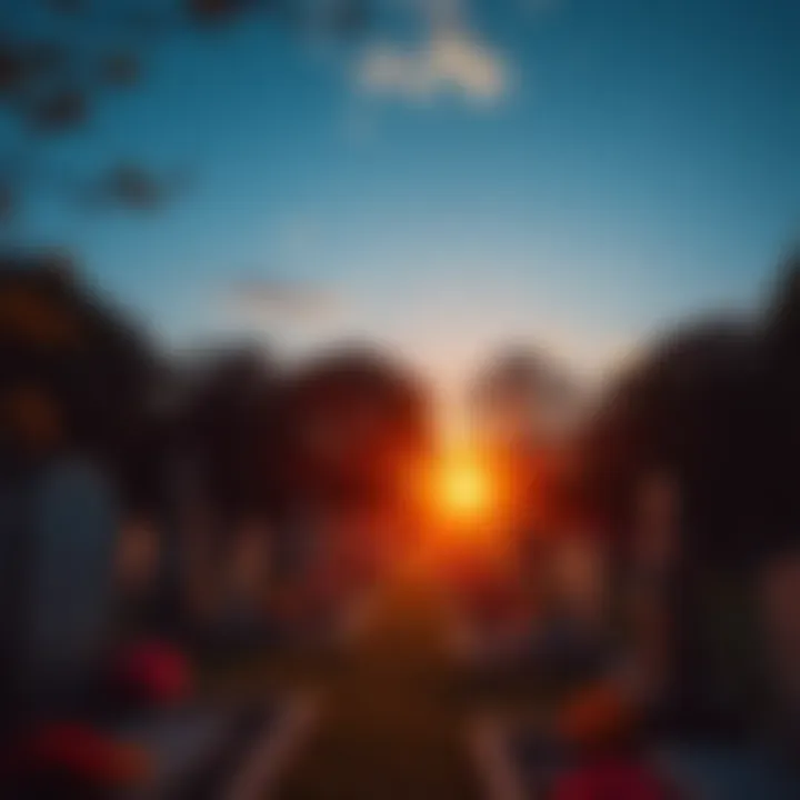 A peaceful cemetery with gravestones surrounded by trees during sunset