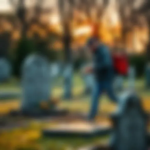 A delivery driver drops off a meal beside a gravestone in a cemetery