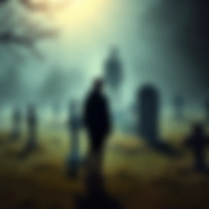A person stands in a cemetery, taken by surprise as a shadowy figure appears beside a gravestone, hinting at a pact made with the unknown.