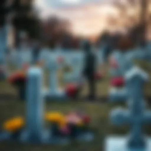 A serene cemetery scene showing visitors placing flowers at gravestones, maintaining a respectful atmosphere