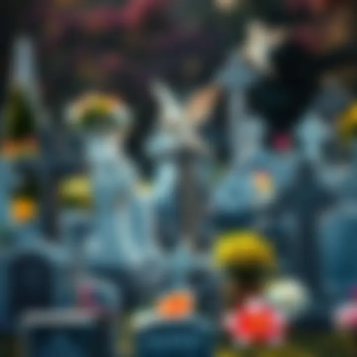 Cemetery Symbols Overview A variety of cemetery symbols including crosses, angels, and flowers, arranged artistically on gravestones, showcasing their meanings and historical context.