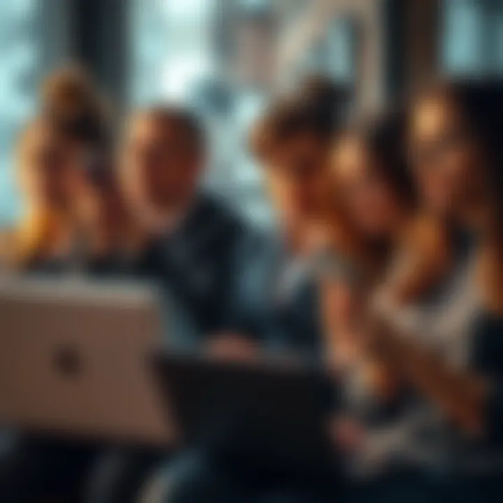 A concerned group of people discussing online censorship with laptops and smartphones, symbolizing the impact of the Online Safety Act.