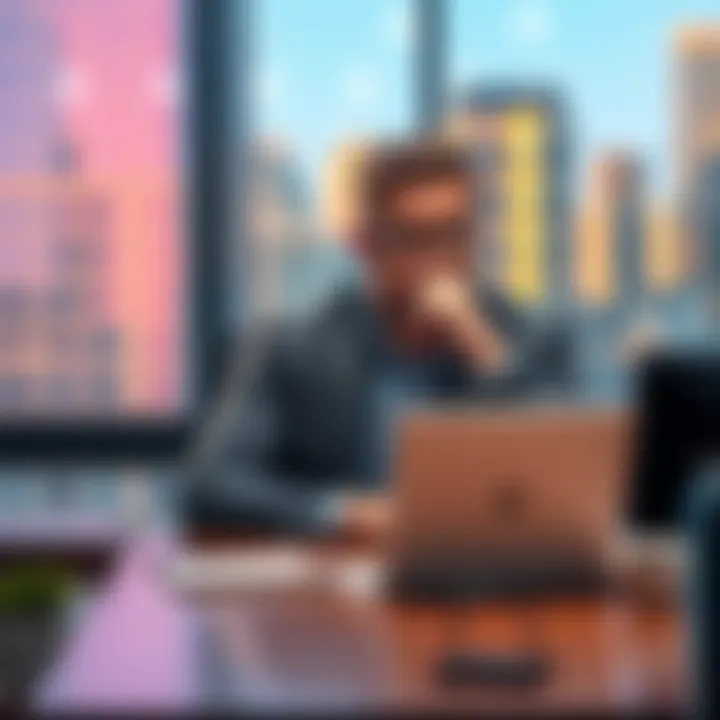A CEO sitting at a desk, engaged in an email conversation about the future of AI, with a thoughtful expression and a laptop in front of him.
