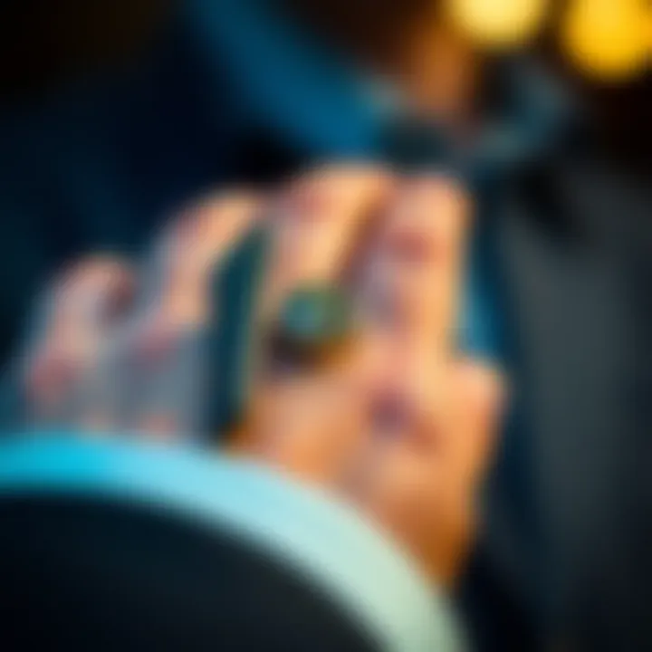 A close-up of a CEO's hand wearing a ring that has a distinctive symbol, sparking curiosity among people.
