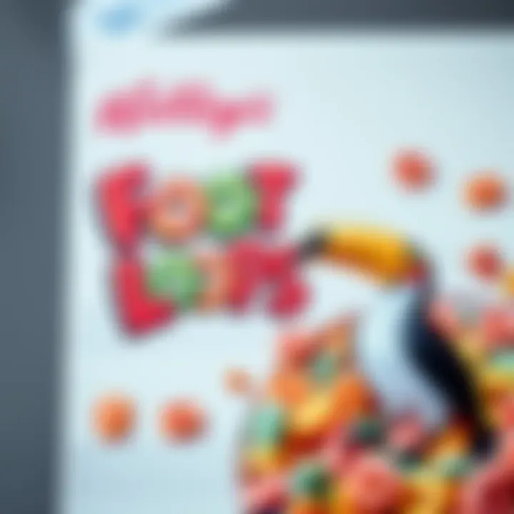 A close-up of a cereal box featuring Froot Loops, showing colorful loops and the iconic mascot, a toucan, standing beside the name.