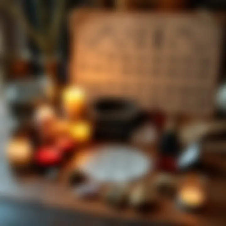 A collection of ceremonial magic tools including candles, crystals, and a numerology chart, arranged on a wooden table.