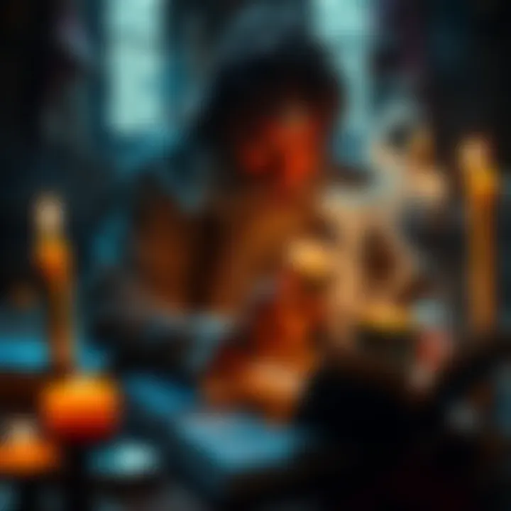 A practitioner engaged in ceremonial magic, using tools and symbols typical of both Golden Dawn and Quareia traditions, with books and candles around.
