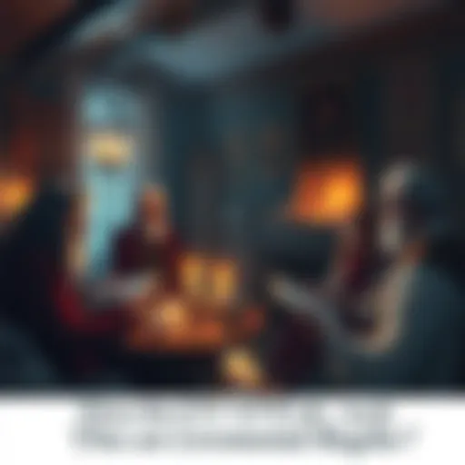 A group of people discussing ceremonial magick and philosophy in a cozy setting, with books and candles around them.