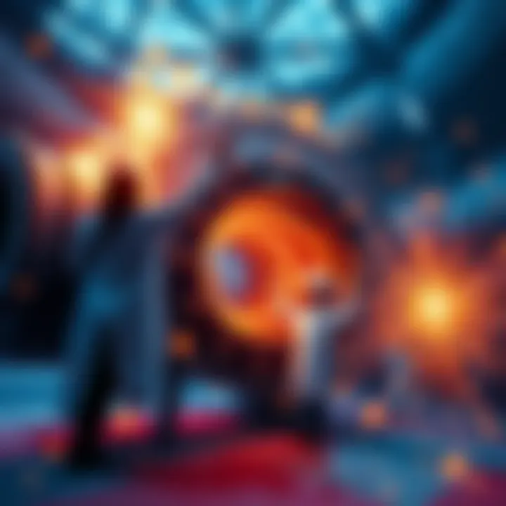 CERN's Higgs Boson Discovery A visual representation of the Large Hadron Collider with scientists celebrating the Higgs boson discovery, surrounded by glowing particles and swirling energy, hinting at alternate realities.