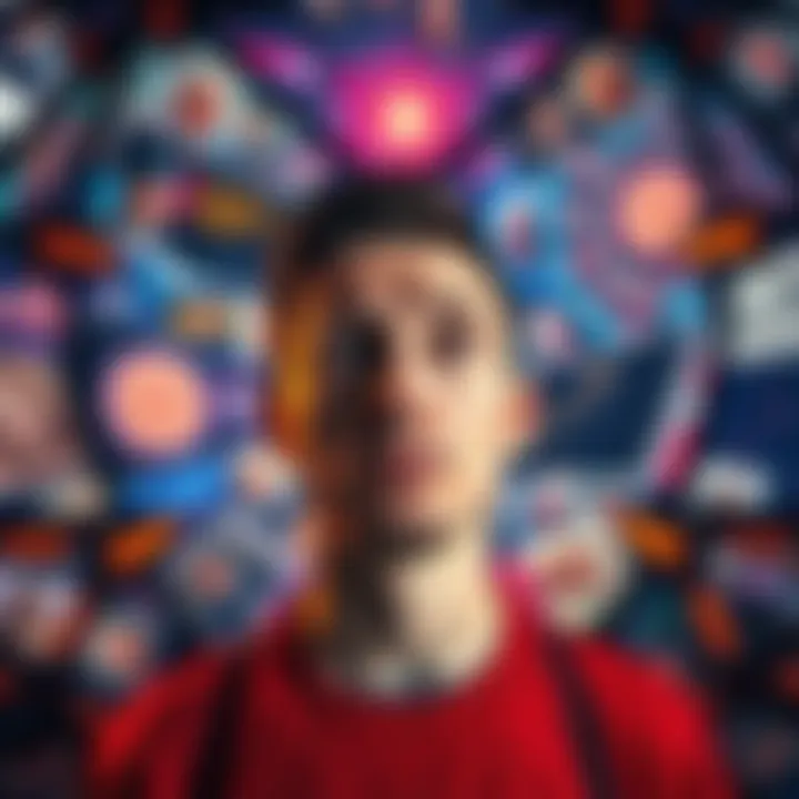 A person looking confused while surrounded by swirling images of famous historical events altered in unexpected ways, representing the Mandela Effect.