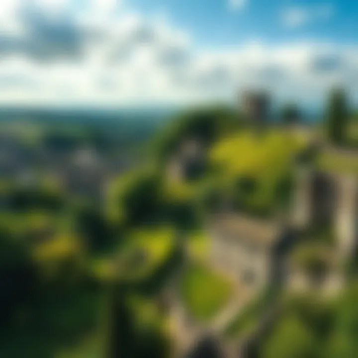 A scenic view of Cerne with lush greenery and ancient symbols representing its link to Atlantis.