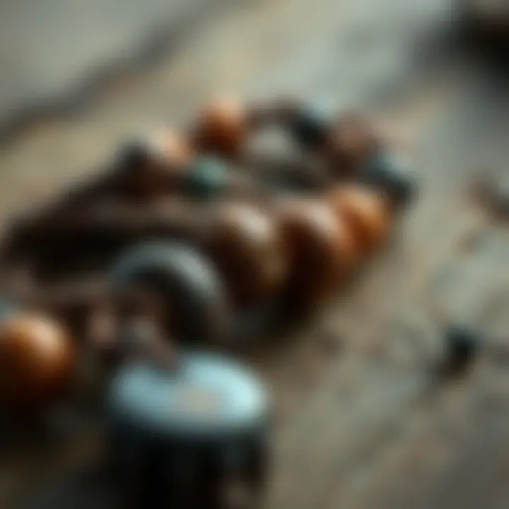 A close-up of handmade prayer beads dedicated to Cernunnos, featuring natural materials like wood and stone in a serene setting.