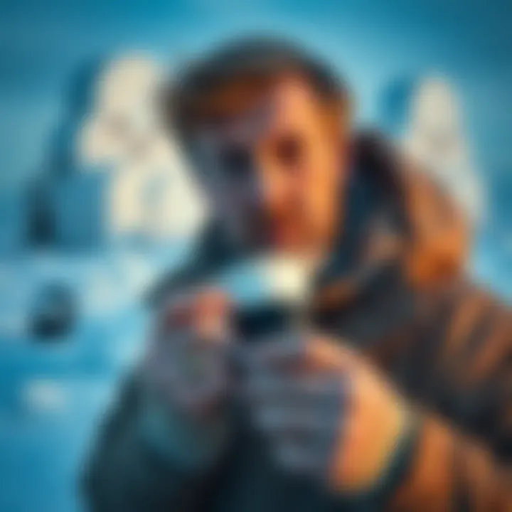 Portrait of CF Hall with snow and ice in the Arctic background, holding a cup of coffee and looking concerned