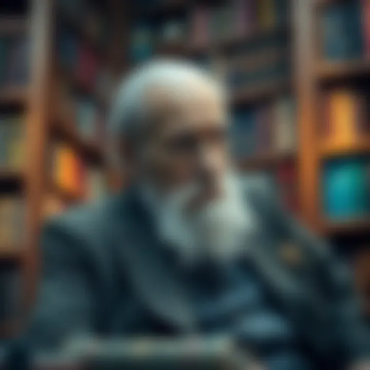 C.G. Jung with a thoughtful expression C.G. Jung sitting in a library, reflecting on the nature of life and tragedy.