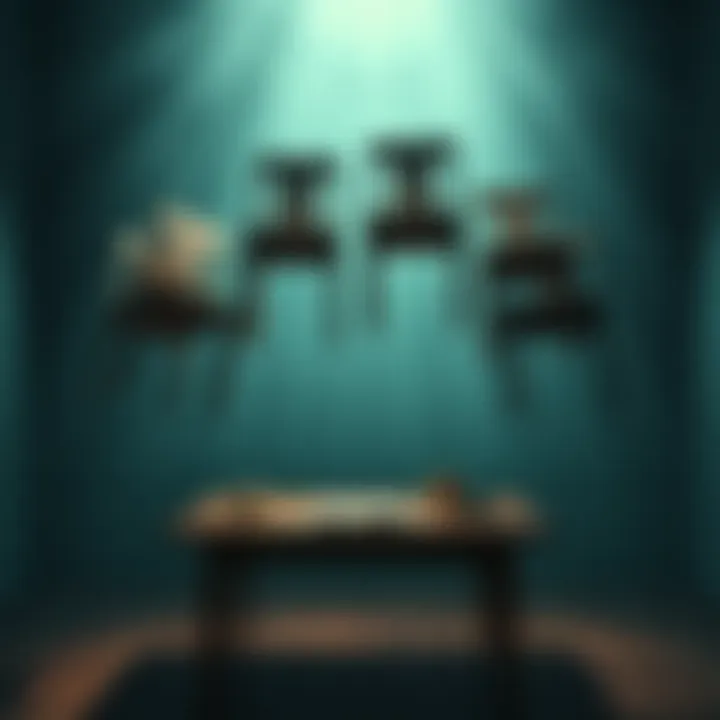 A group of chairs mysteriously suspended mid-air above a wooden table, hinting at paranormal activity.