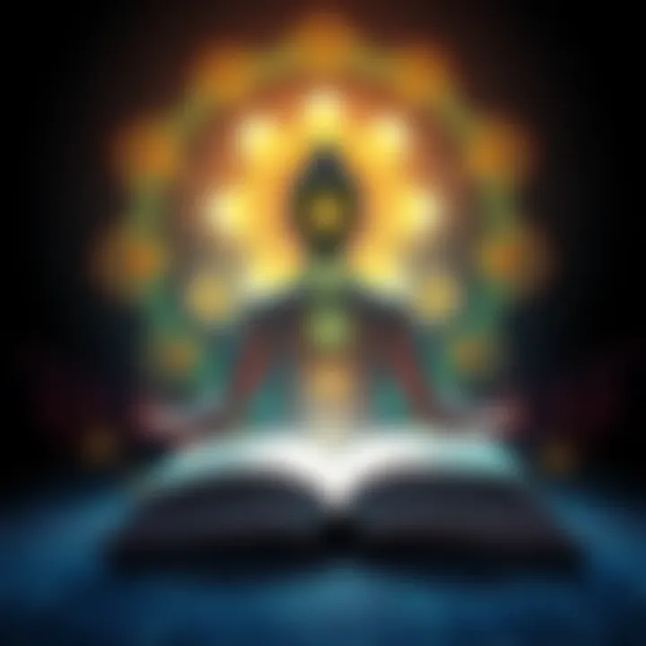 A person meditating with glowing chakra symbols around them and an open book representing Akashic records, conveying a sense of spiritual insight.