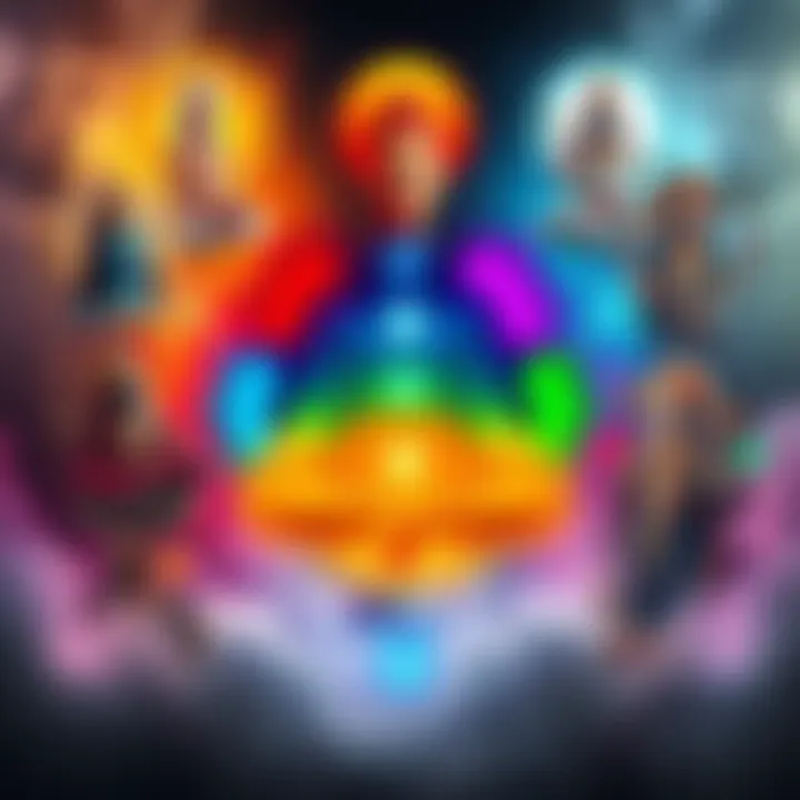 Illustration of chakra symbols surrounded by representations of different deities, highlighting the connection between each chakra and its associated figure.