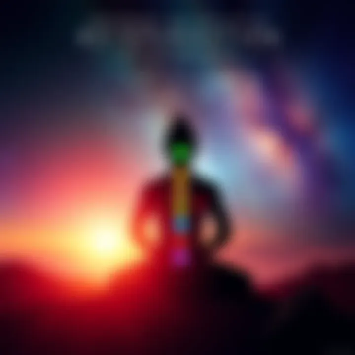 Chakras and Reincarnation A colorful representation of chakras aligned along a silhouette meditating figure, surrounded by symbols of reincarnation and spirituality.