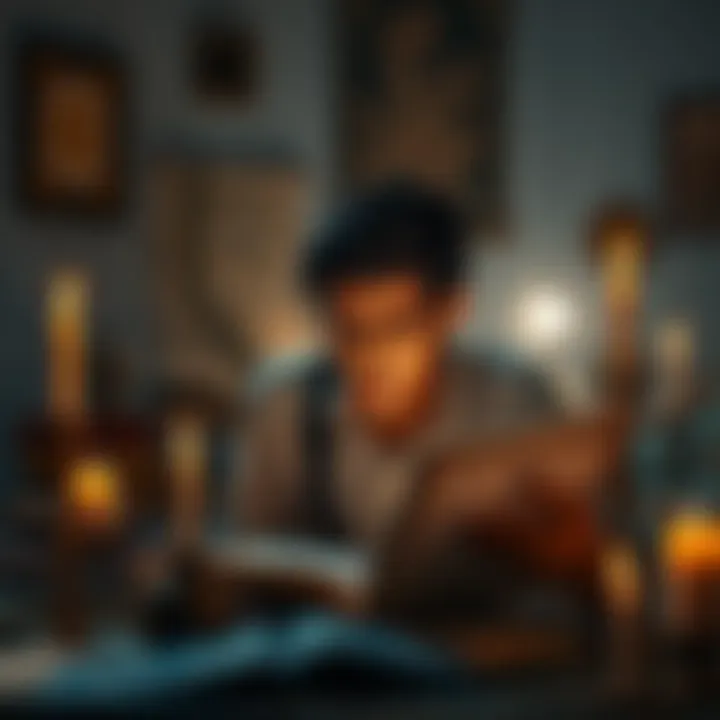 A person looking contemplative while studying astrology charts and symbols, surrounded by books and candles.