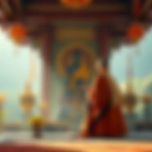 A serene monk praying before a statue of an enlightened being in a tranquil temple setting, surrounded by traditional Buddhist symbols.