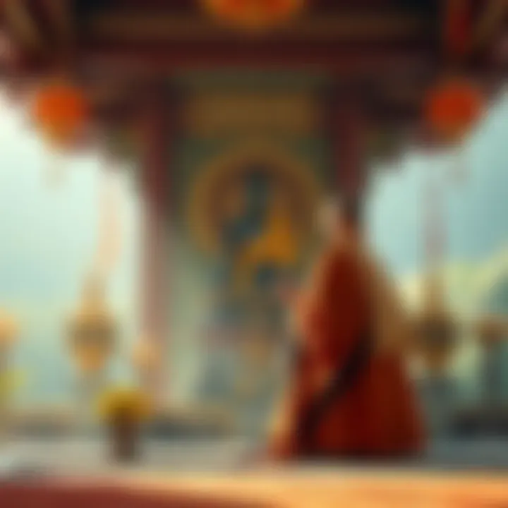 A serene monk praying before a statue of an enlightened being in a tranquil temple setting, surrounded by traditional Buddhist symbols.