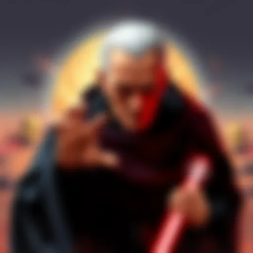 Illustration of Chancellor Palpatine from Star Wars, symbolizing political manipulation and conflict, set against a backdrop of war scenes.