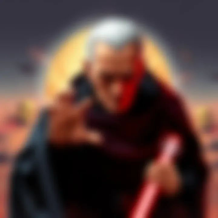 Illustration of Chancellor Palpatine from Star Wars, symbolizing political manipulation and conflict, set against a backdrop of war scenes.