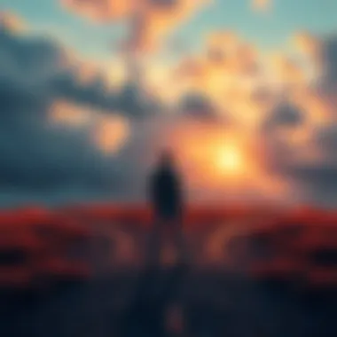 A person standing at a crossroads, contemplating different paths representing change