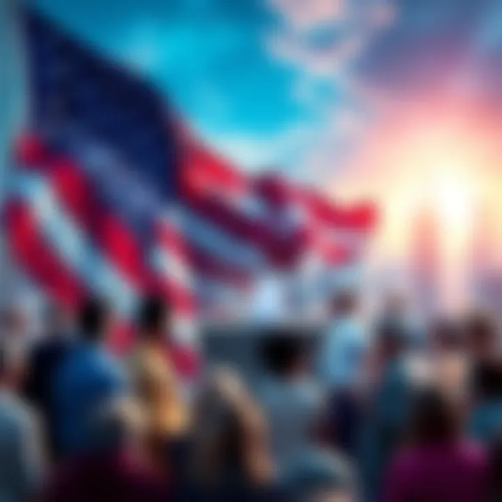 A visual representation of political and social changes in America with symbols like a flag, ballot box, and diverse group of people discussing.