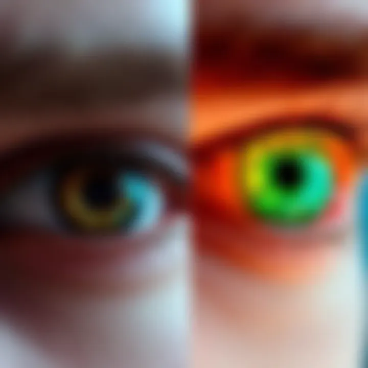 A close-up of eyes demonstrating different colors, showing brown, blue, and green shades in a split image style, suggesting the concept of changing eye color through subliminal techniques.