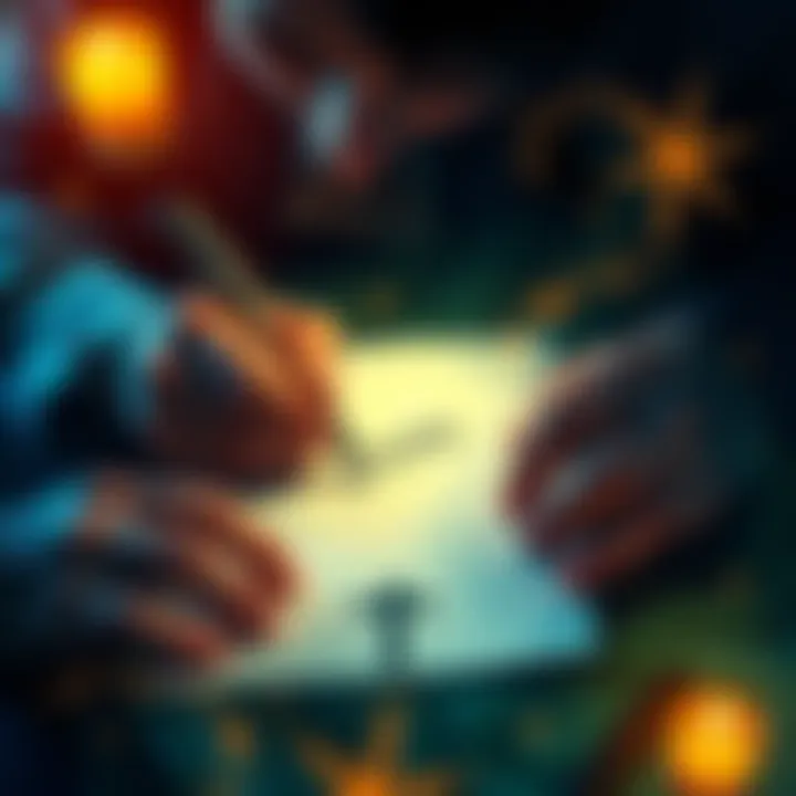 A person writing a new name on a piece of paper surrounded by symbols of magic