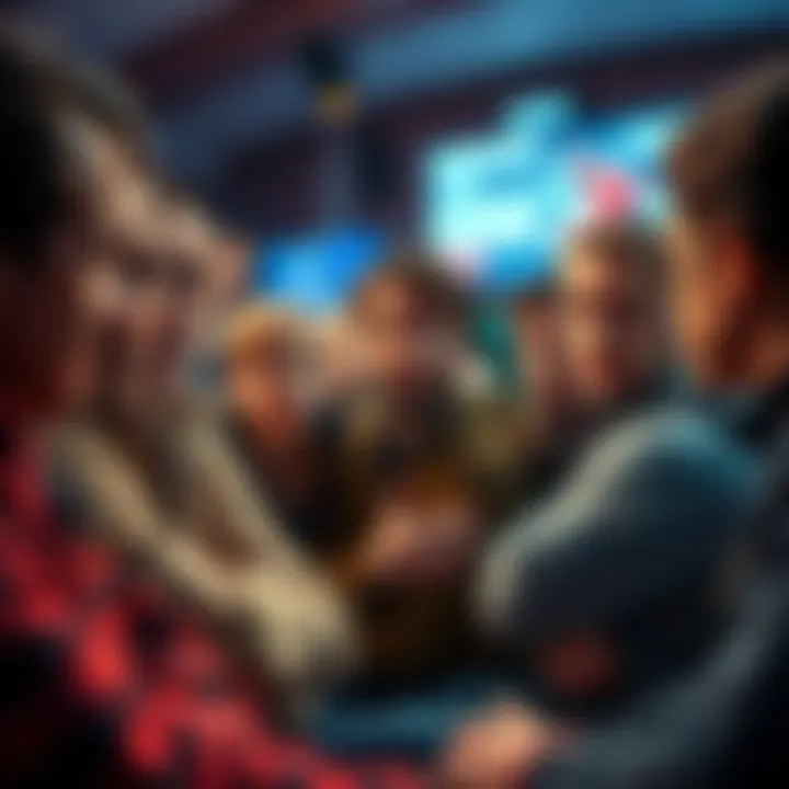 A group of people discussing the impact of video title changes, with some looking skeptical and others engaged in the topic, in a casual setting.