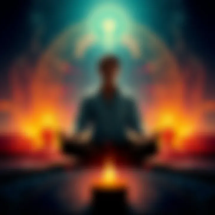 A person in meditation A person sitting cross-legged in meditation, surrounded by symbolic spiritual elements representing channeling and possession.