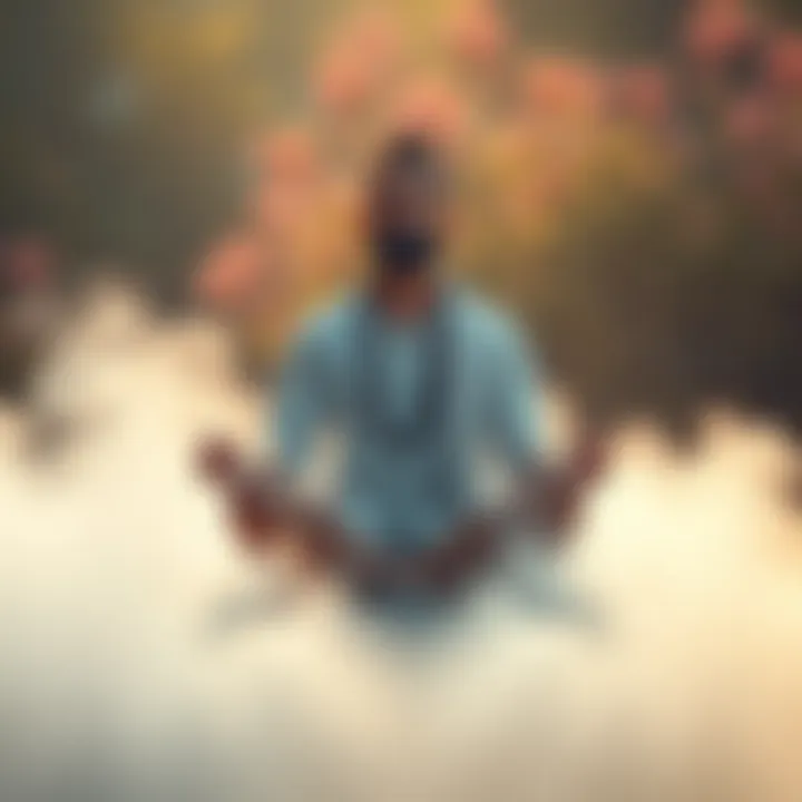 Chanting AUM in Meditation Person sitting cross-legged in meditation, chanting AUM with a serene expression, surrounded by soft light and nature.